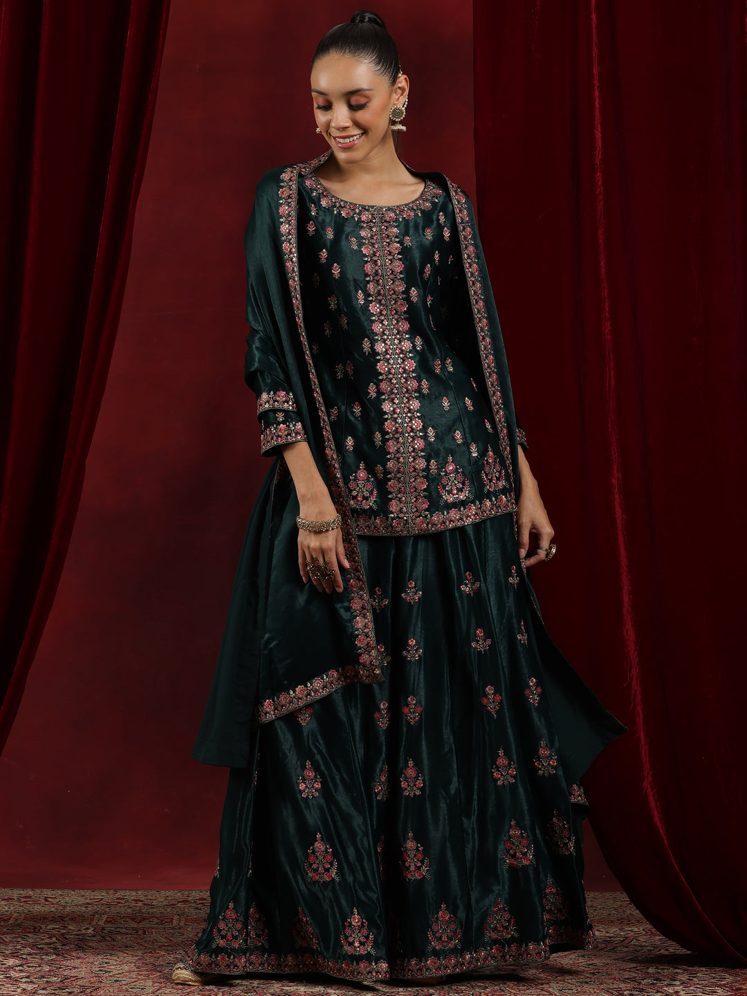 Libas Art Green Embroidered Silk Straight Suit With Dupatta