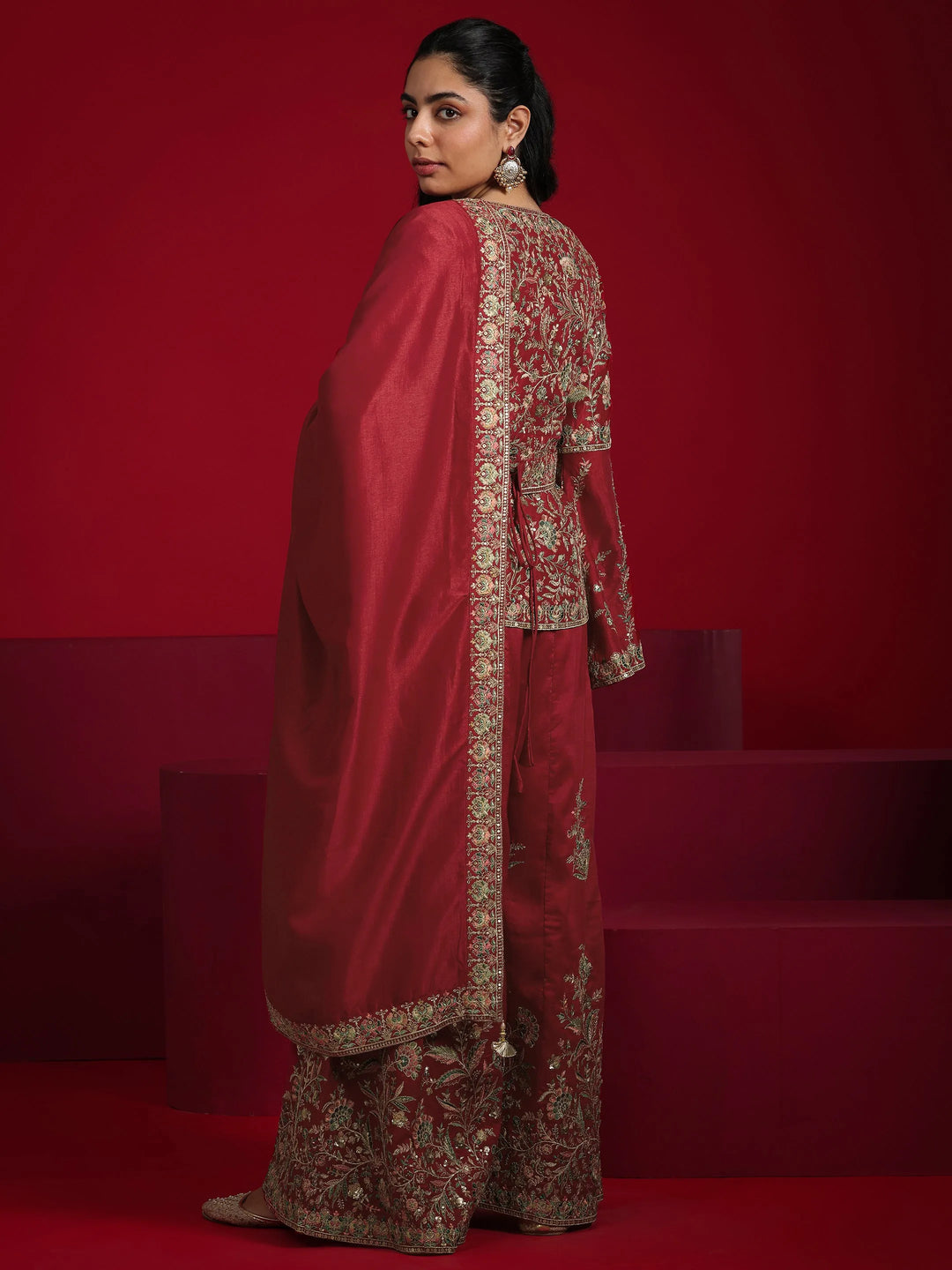  Libas Art Red Embroidered Silk Blend A-Line Suit With Dupatta 