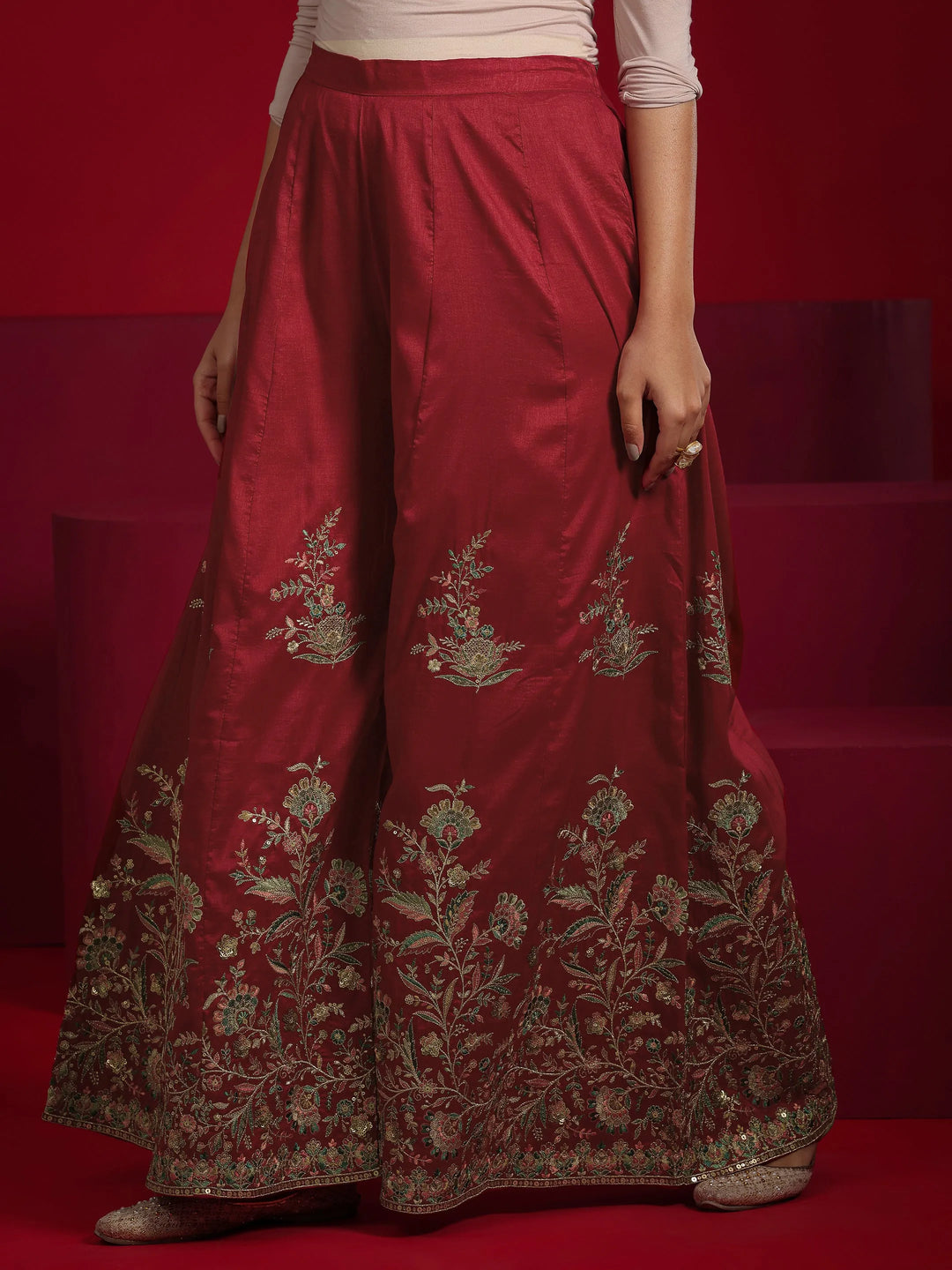  Libas Art Red Embroidered Silk Blend A-Line Suit With Dupatta 