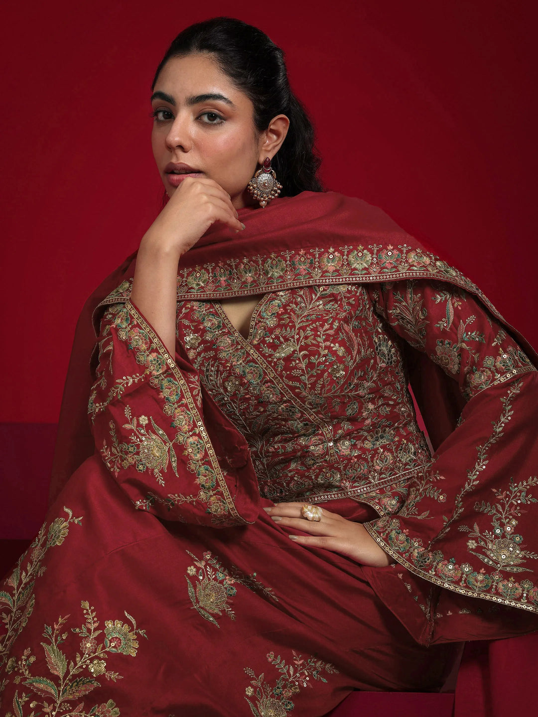  Libas Art Red Embroidered Silk Blend A-Line Suit With Dupatta 