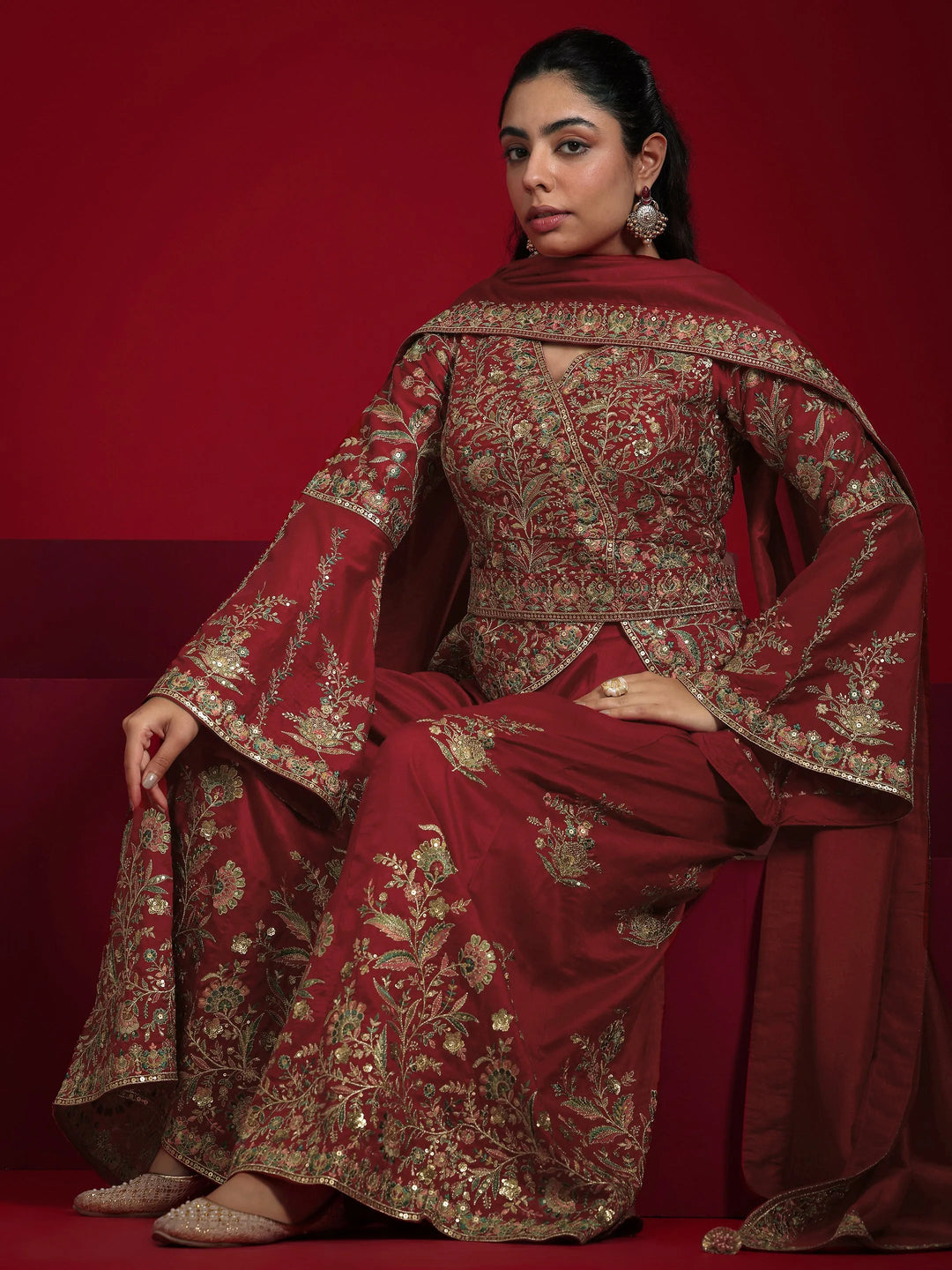  Libas Art Red Embroidered Silk Blend A-Line Suit With Dupatta 