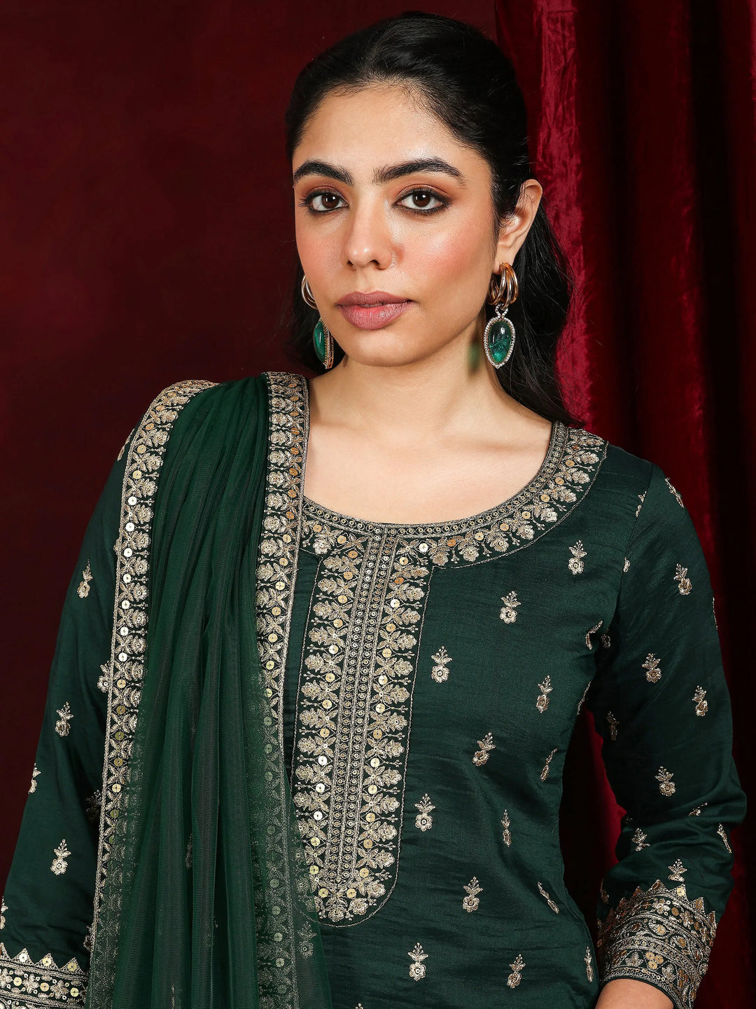  Libas Art Green Embroidered Silk Blend Straight Suit With Dupatta 