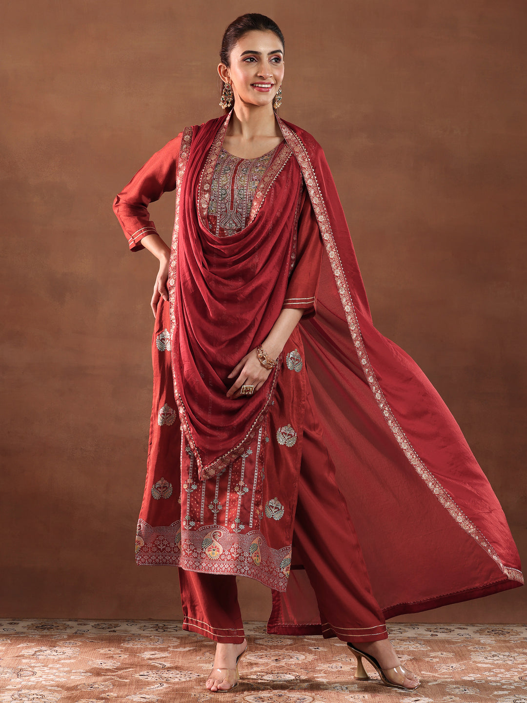  Rust Woven Design Silk Blend Straight Suit With Dupatta-color issue 