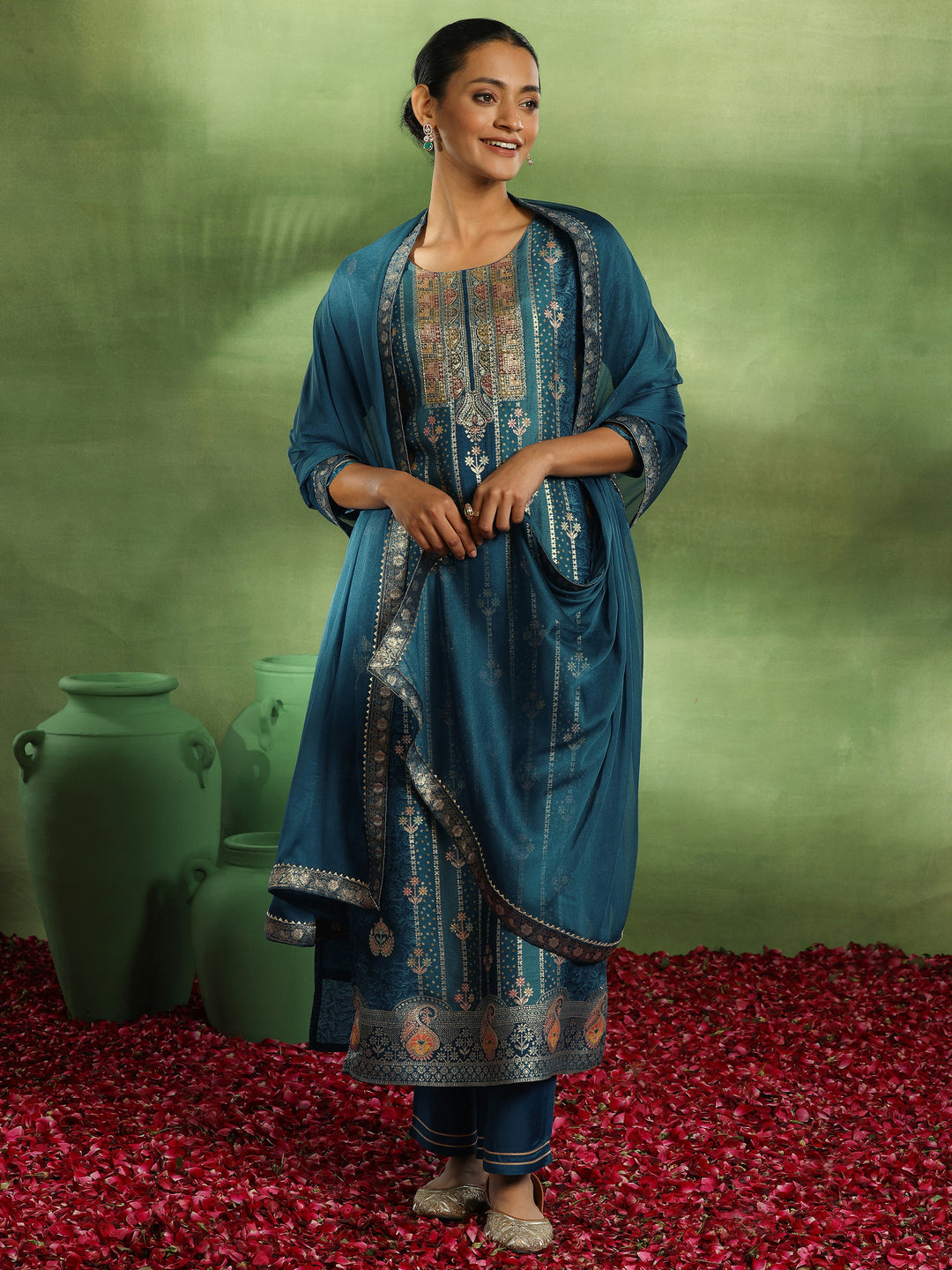  Blue Woven Design Silk Blend Straight Suit With Dupatta 