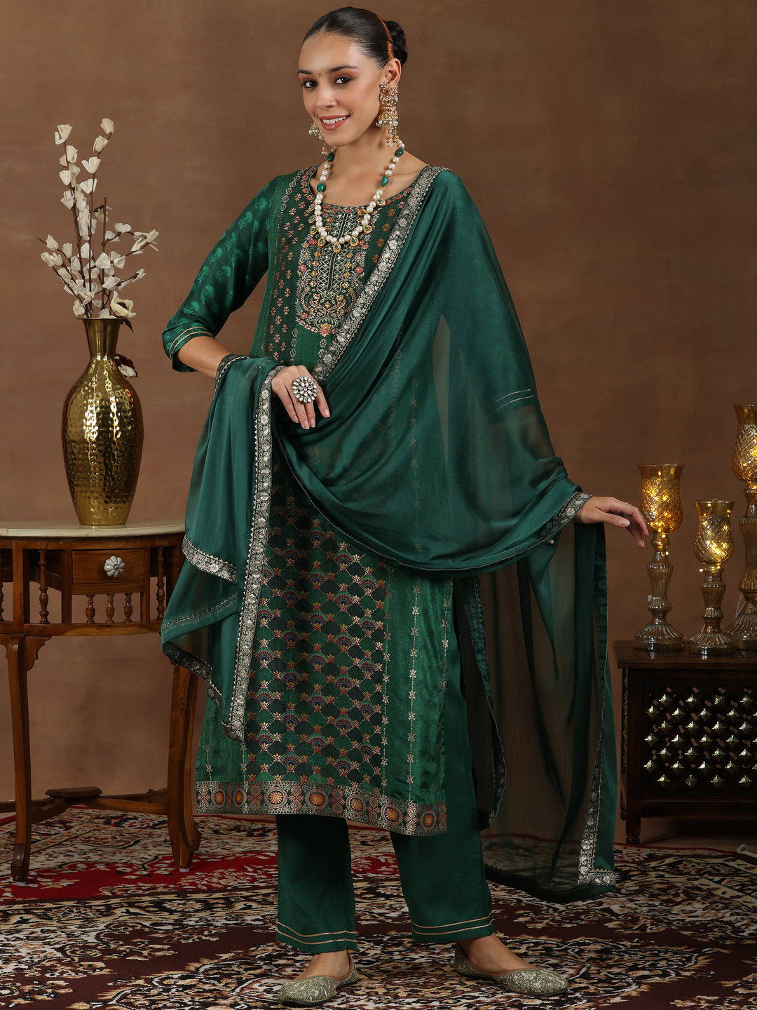 Green Woven Design Silk Blend Straight Suit With Dupatta