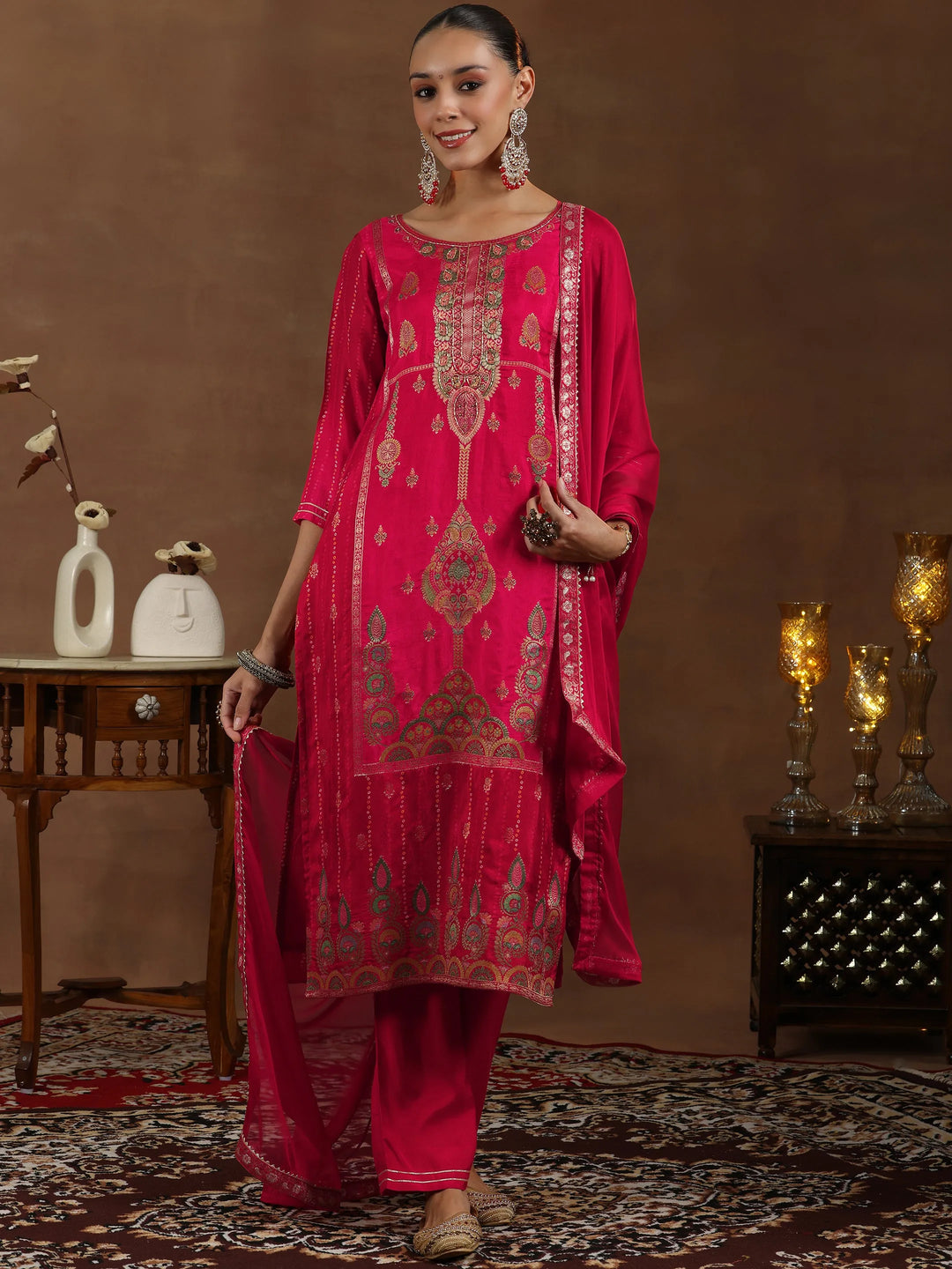  Red Woven Design Silk Blend Straight Suit With 