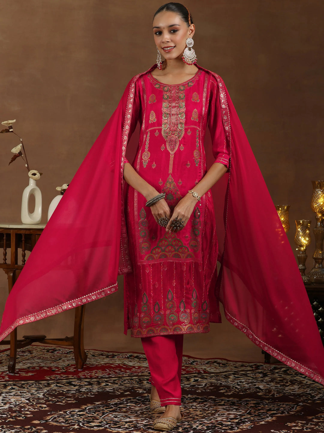 Red Woven Design Silk Blend Straight Suit With