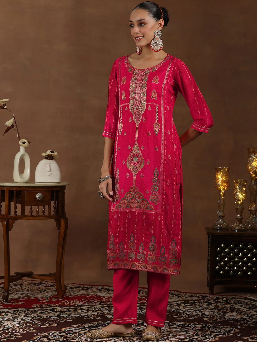  Red Woven Design Silk Blend Straight Suit With 