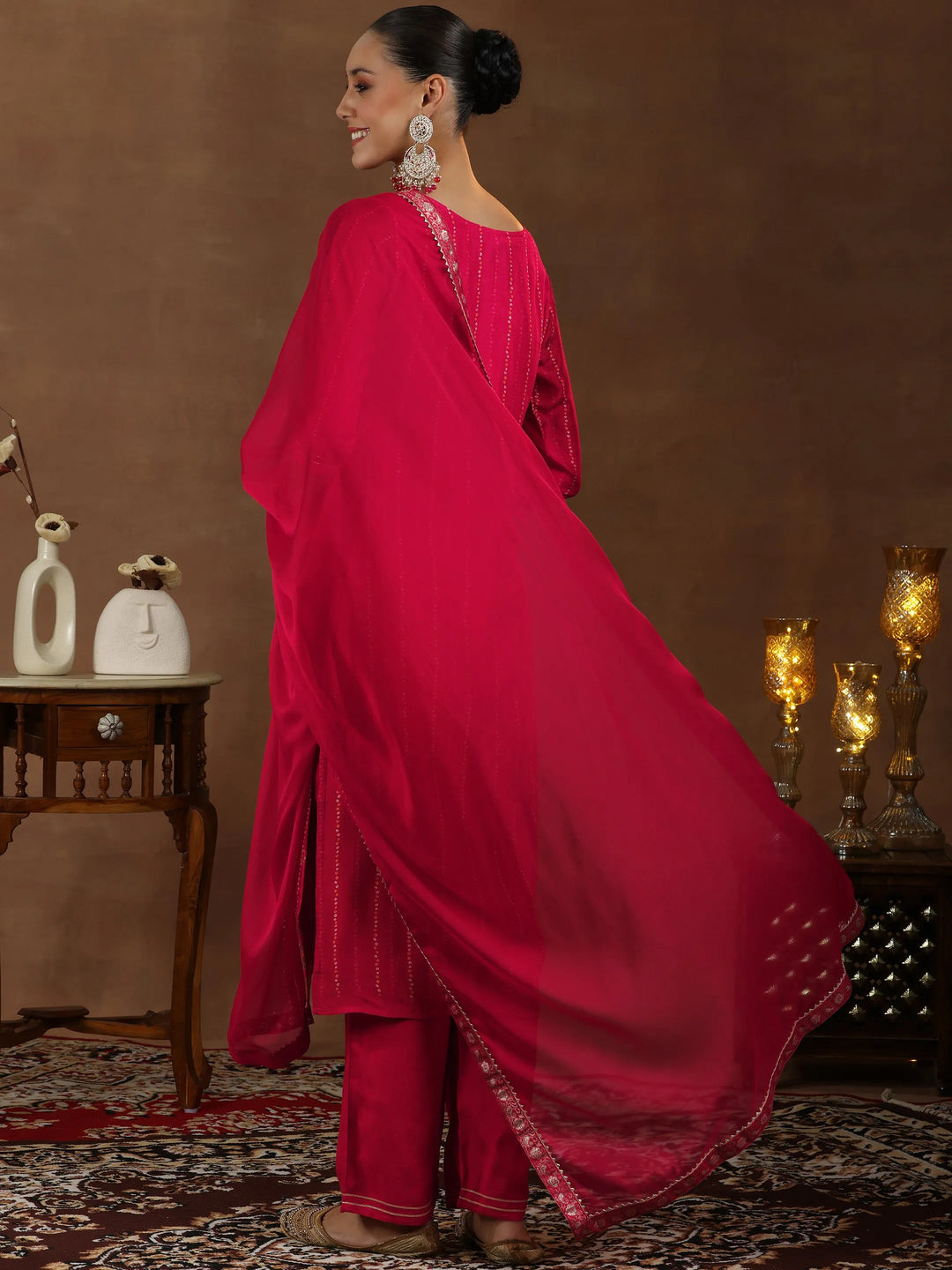  Red Woven Design Silk Blend Straight Suit With 