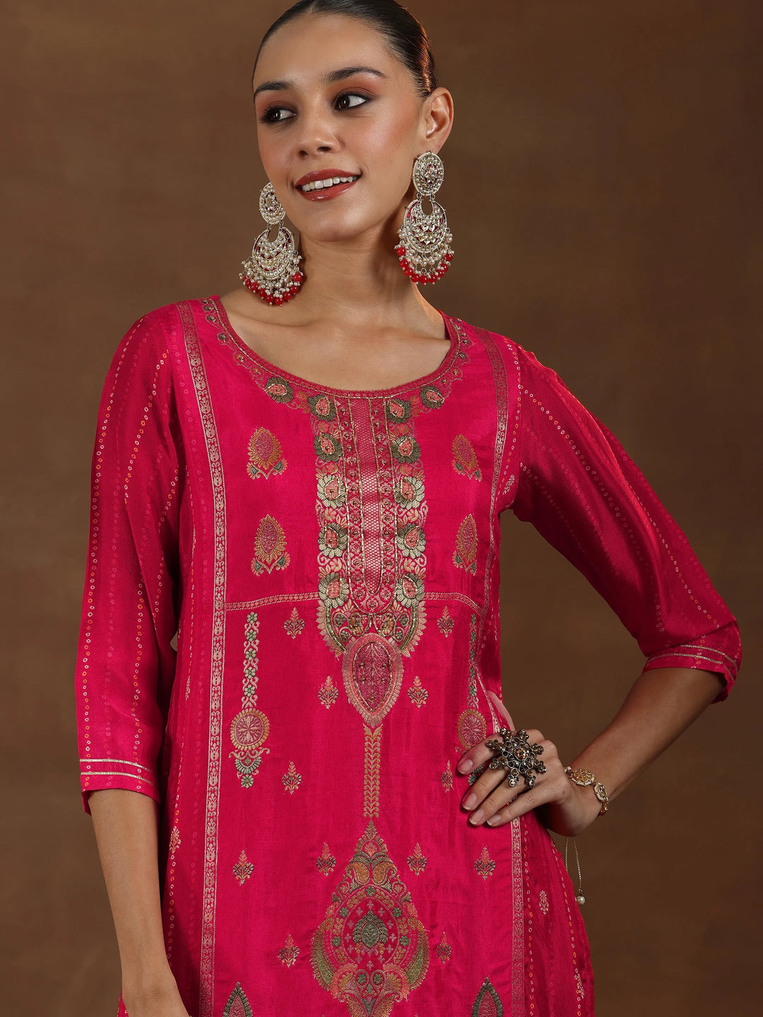  Red Woven Design Silk Blend Straight Suit With 