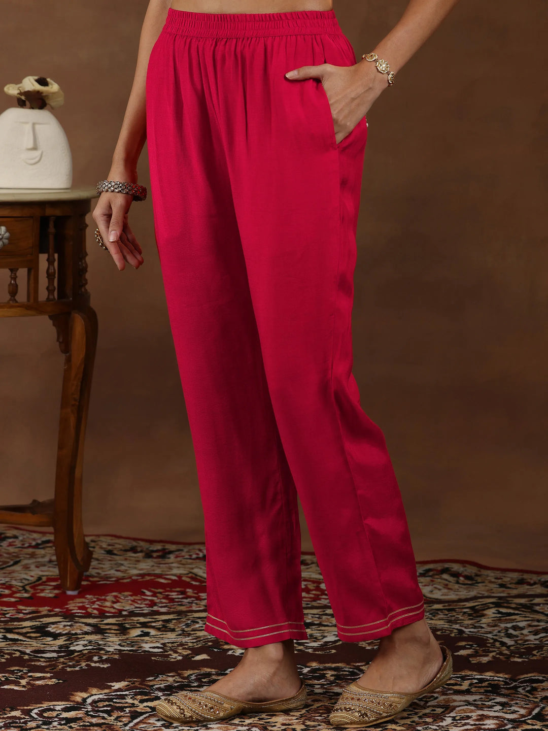  Red Woven Design Silk Blend Straight Suit With 