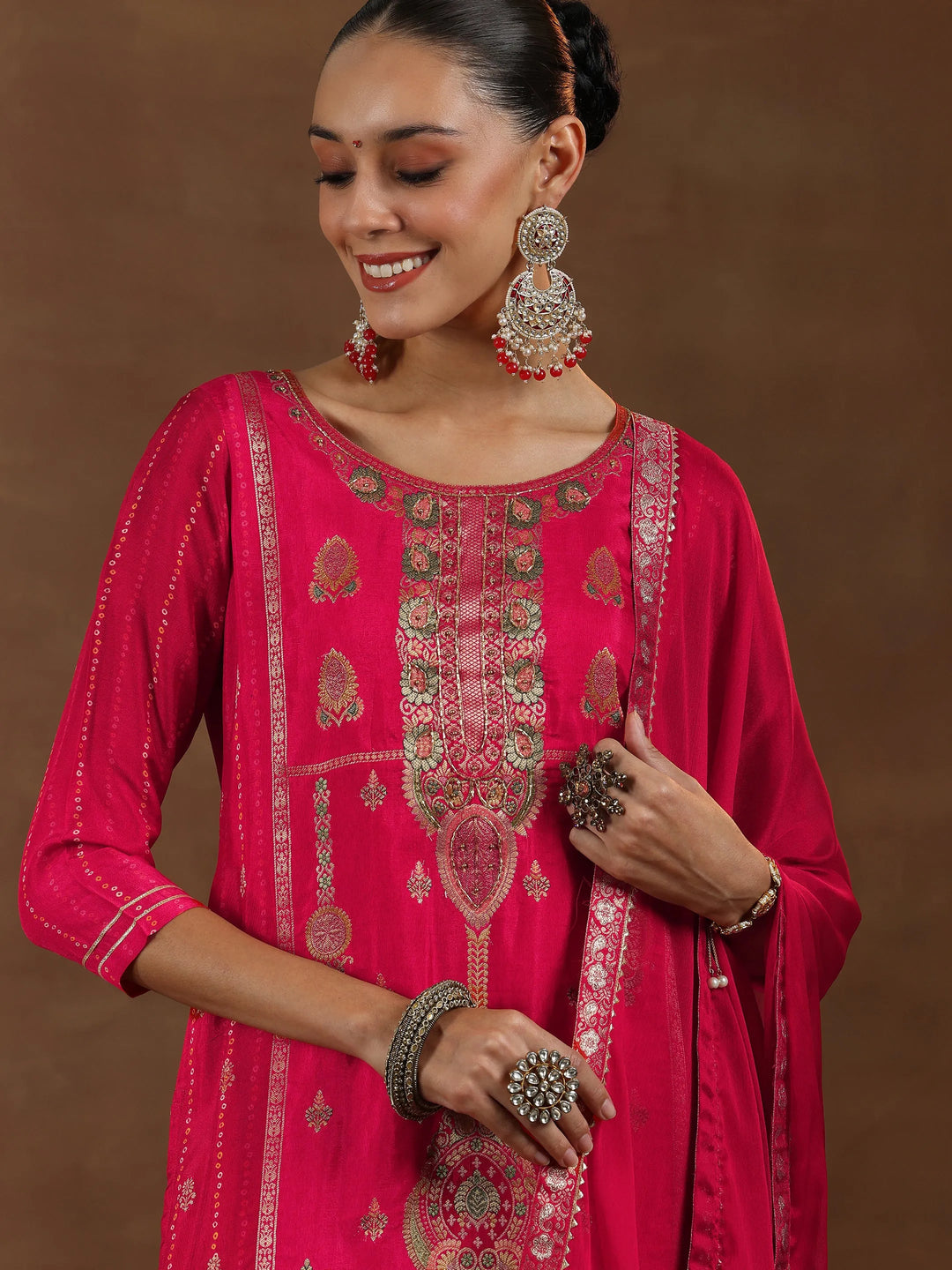  Red Woven Design Silk Blend Straight Suit With 