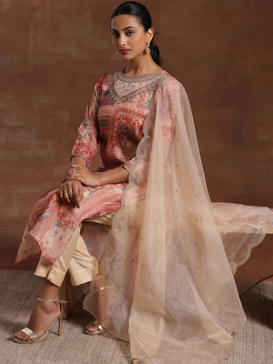  Peach Printed Organza Straight Suit With Dupatta 