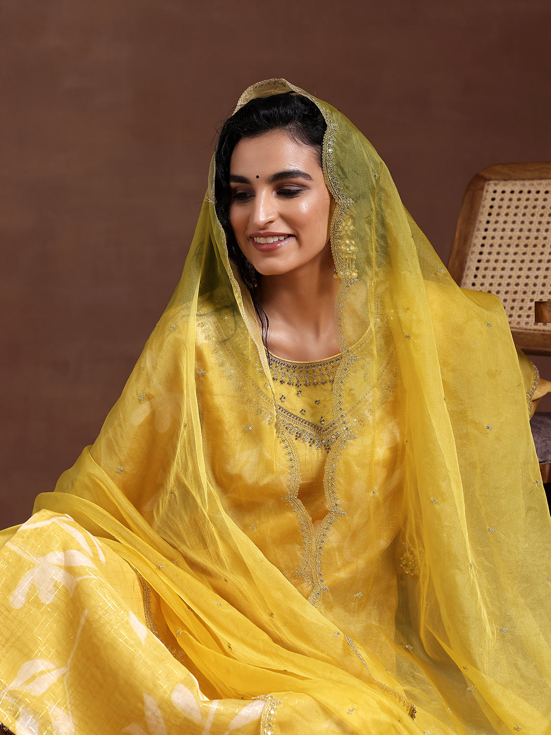  Mustard Printed Organza Straight Suit With Dupatta 