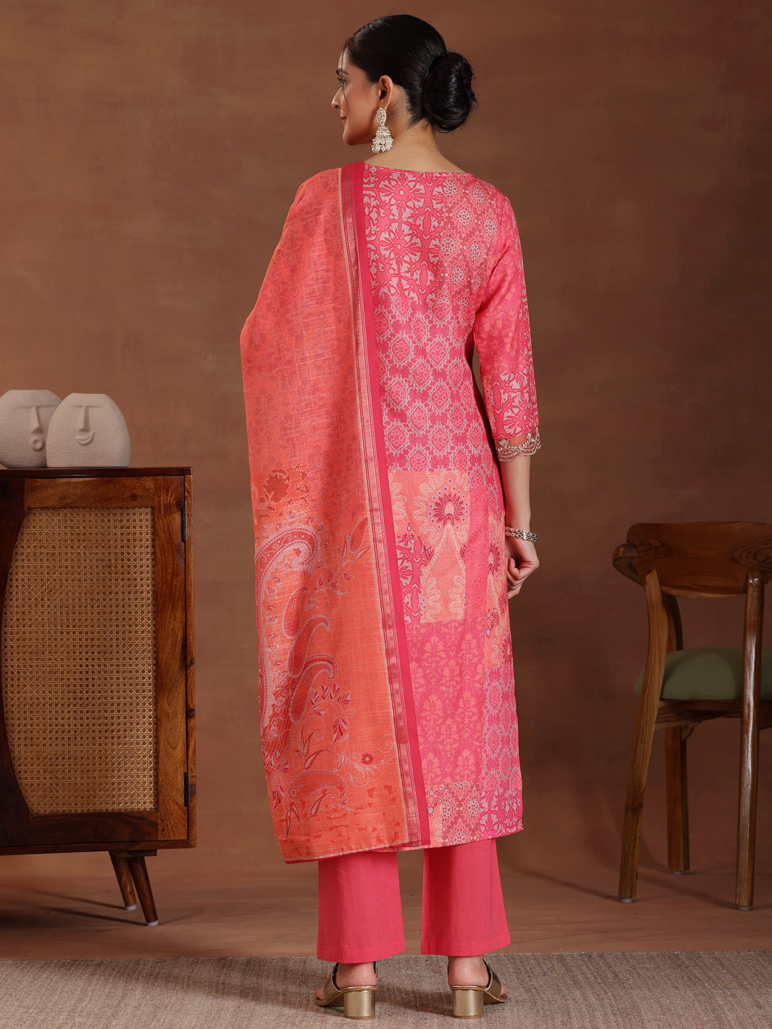  Pink Printed Linen Straight Suit With Dupatta 