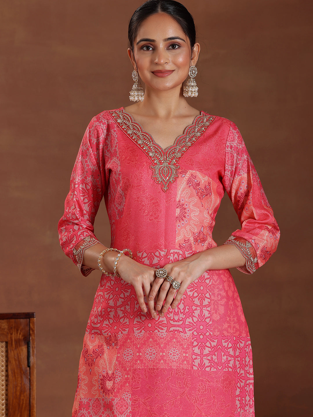  Pink Printed Linen Straight Suit With Dupatta 