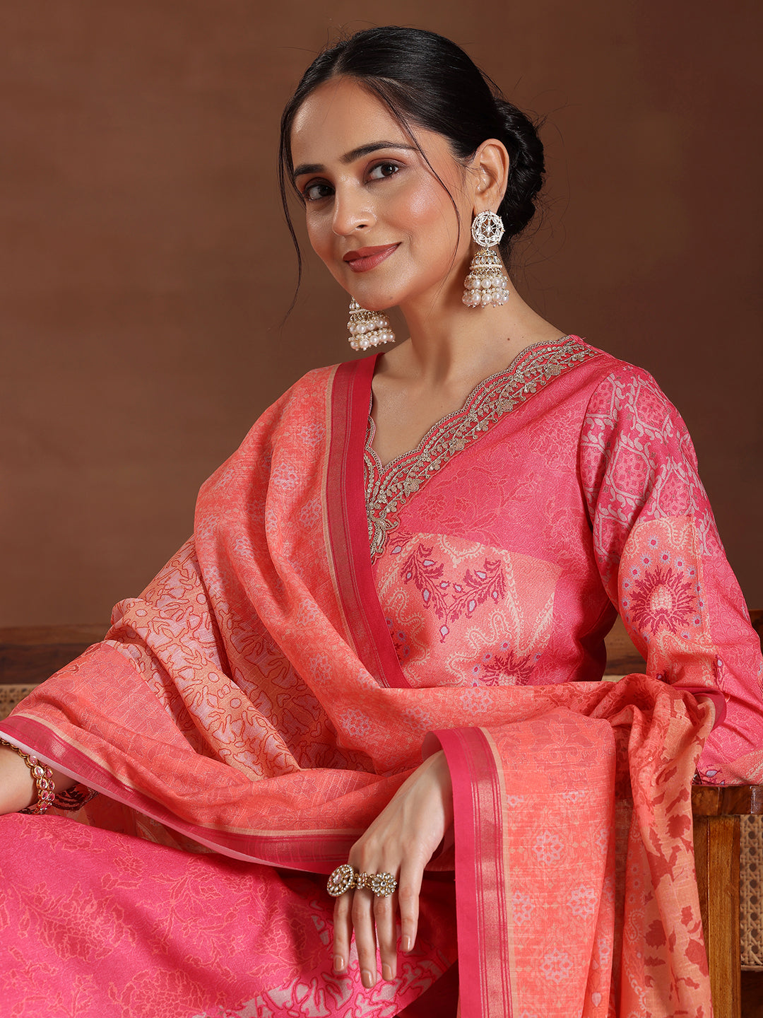  Pink Printed Linen Straight Suit With Dupatta 