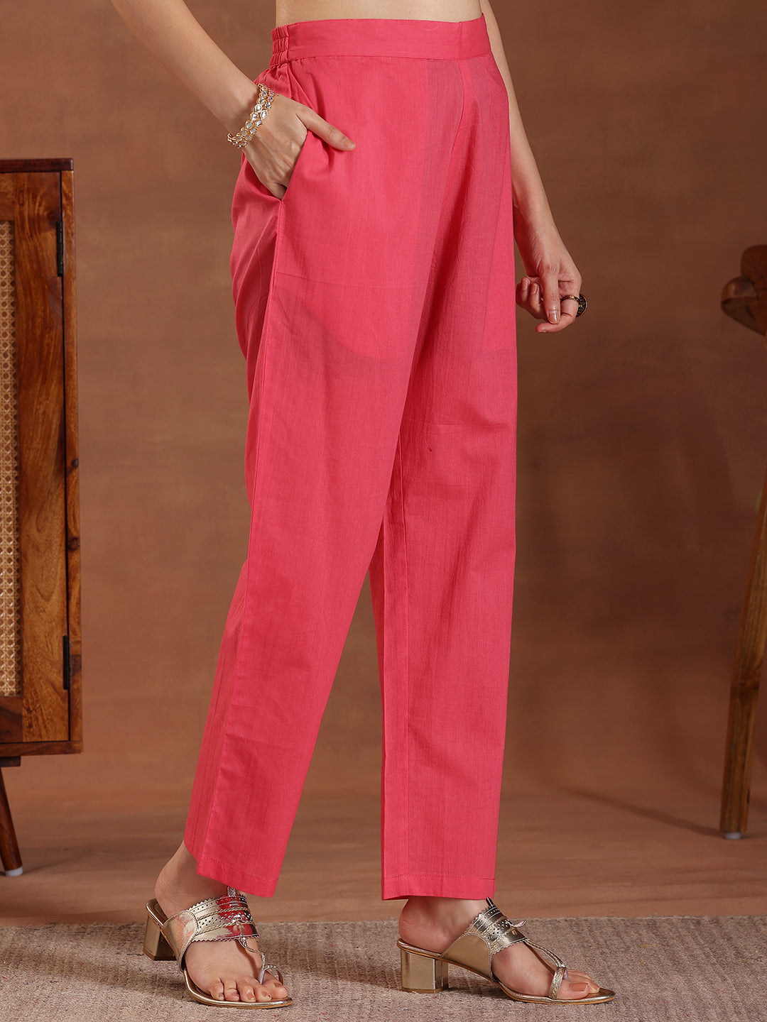  Pink Printed Linen Straight Suit With Dupatta 