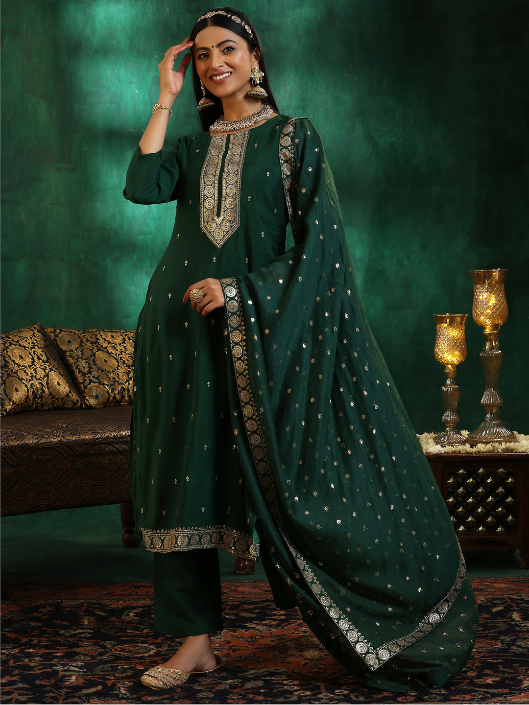  Green Self Design Silk Blend Straight Suit With Dupatta 