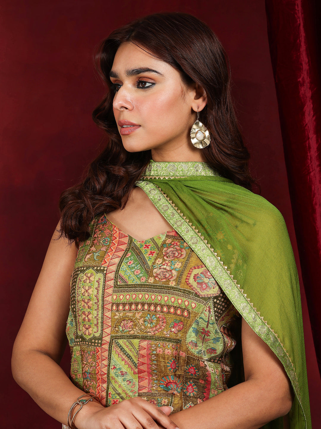  Libas Art Green Woven Design Silk Blend Straight Sharara Suit Set With Dupatta 