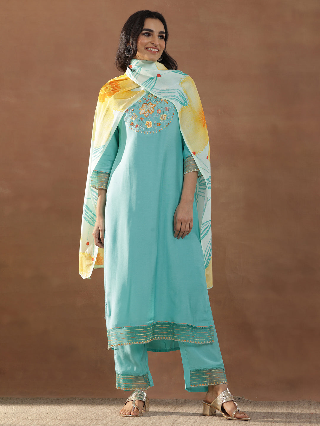  Turquoise Blue Yoke Design Muslin Straight Suit With Dupatta 