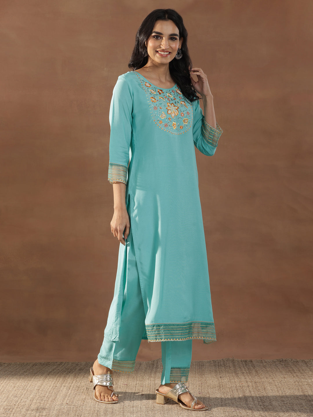  Turquoise Blue Yoke Design Muslin Straight Suit With Dupatta 