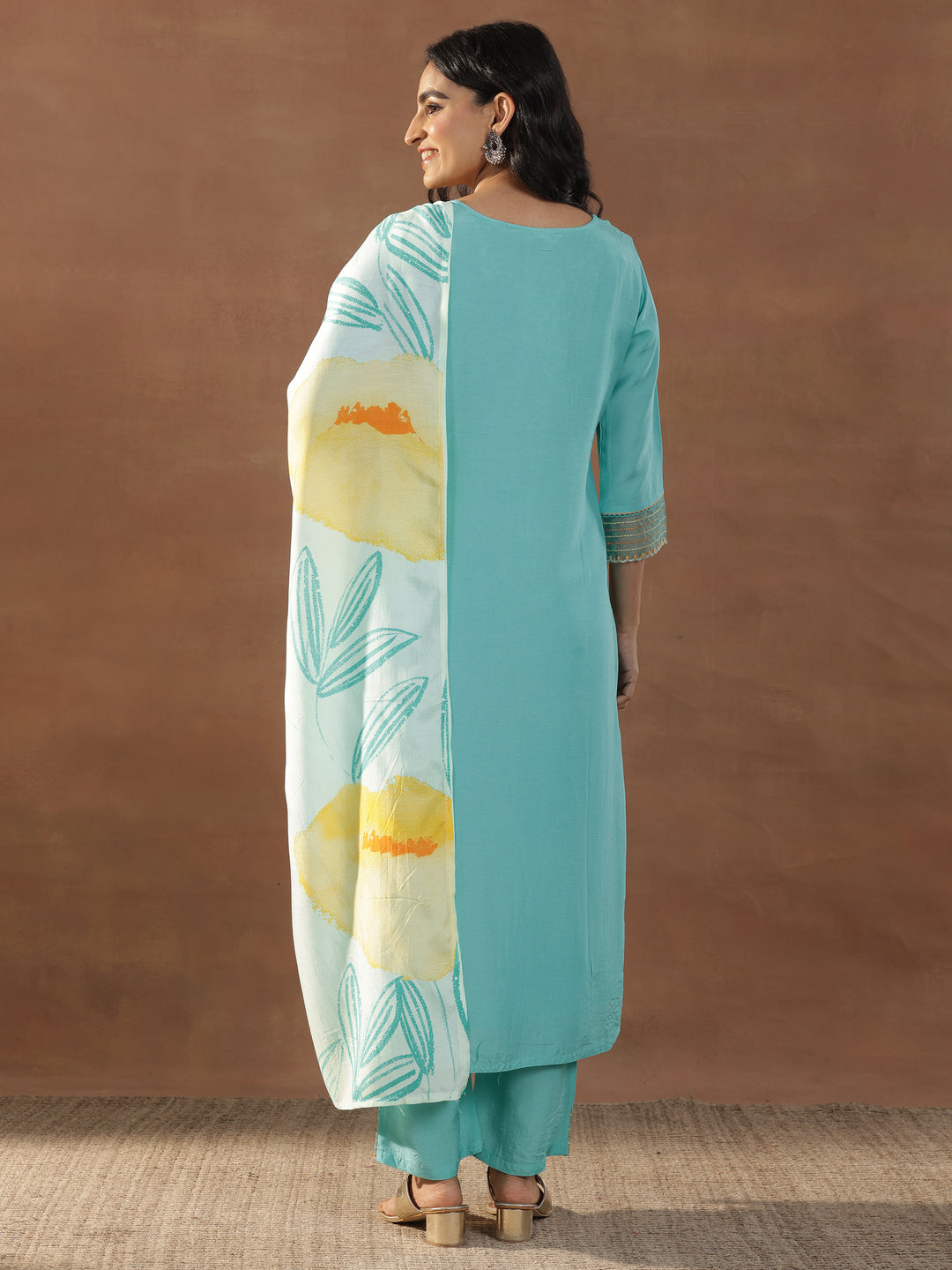  Turquoise Blue Yoke Design Cotton Blend Straight Suit With Dupatta 