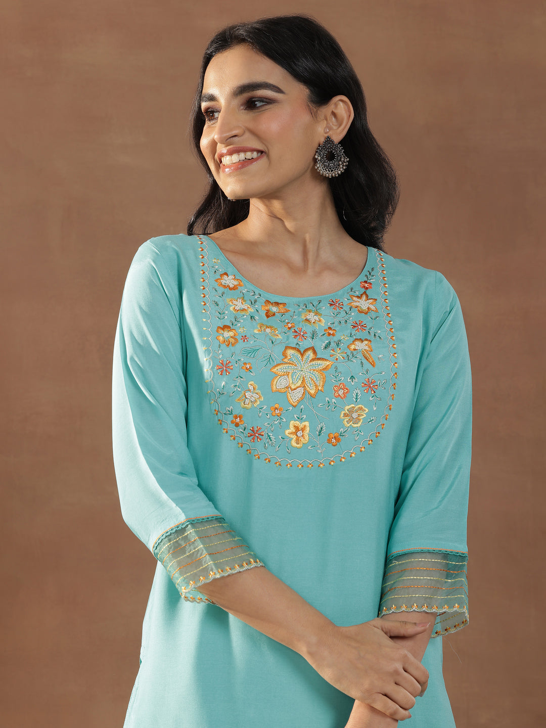  Turquoise Blue Yoke Design Cotton Blend Straight Suit With Dupatta 