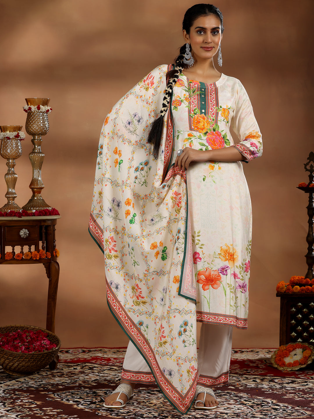  Off White Printed Muslin Straight Suit With Dupatta 