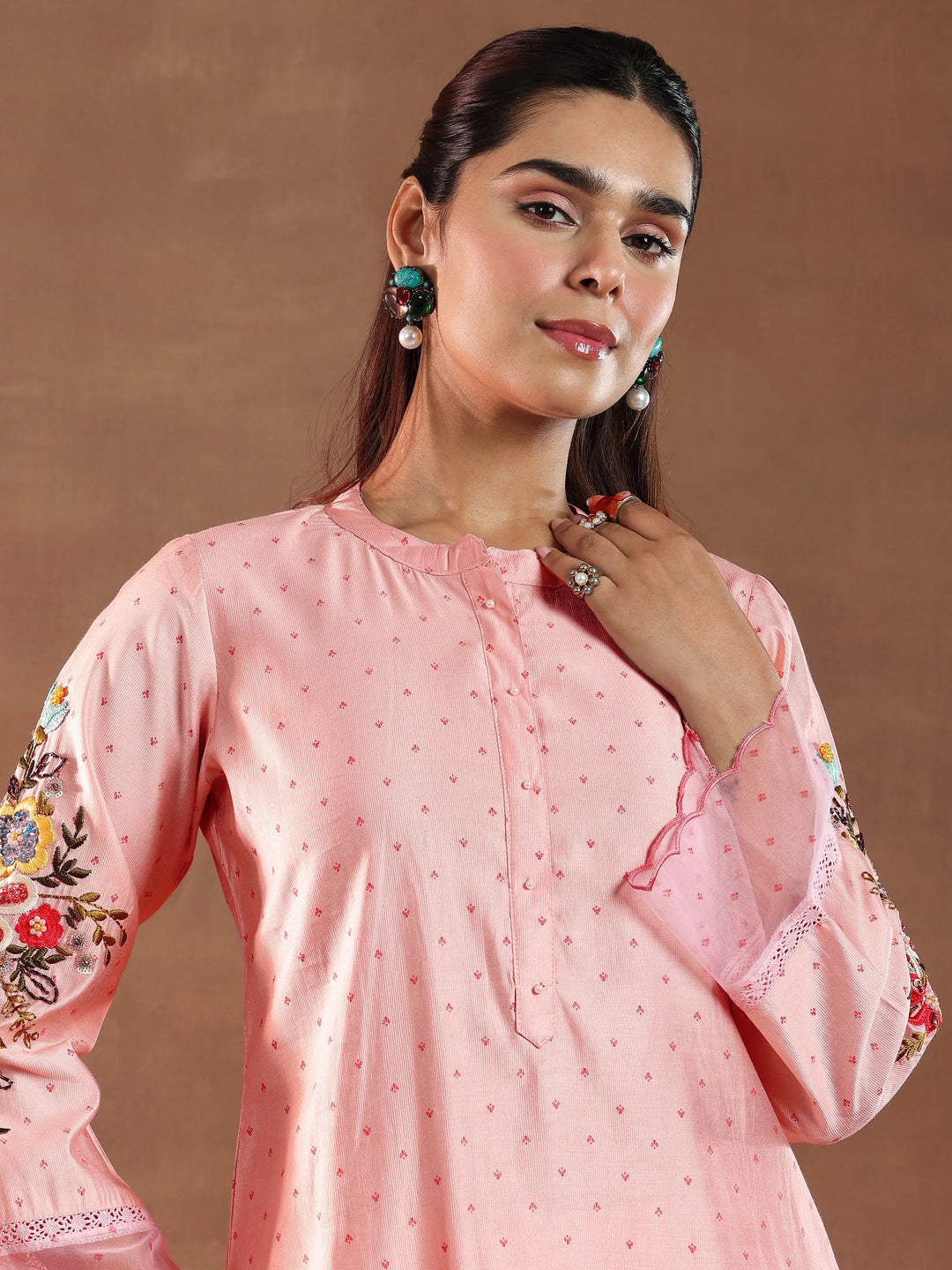  Pink Printed Silk Blend Straight Kurta Set 