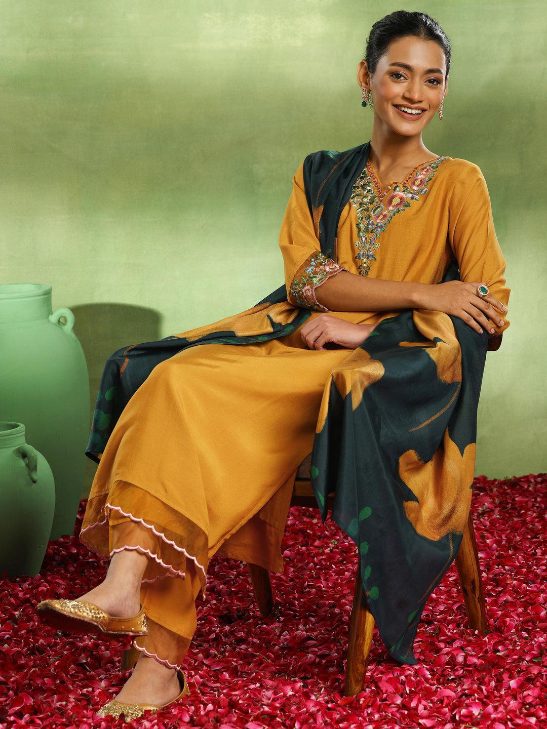  Mustard Yoke Design Cotton Blend Straight Suit With Dupatta 