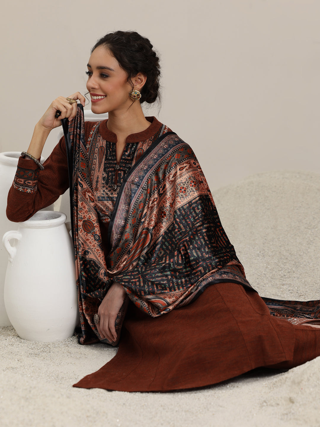 Rust Yoke Design Wool Blend Straight Suit With Dupatta