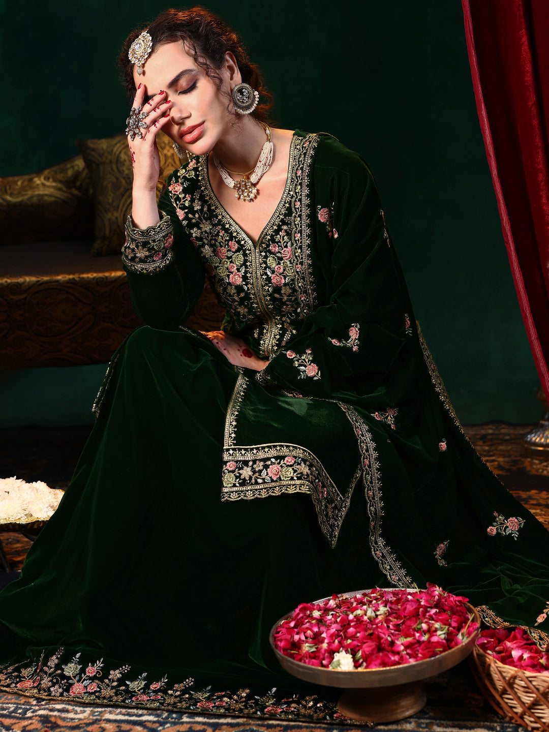  Green Embroidered Velvet Straight Suit With Dupatta 