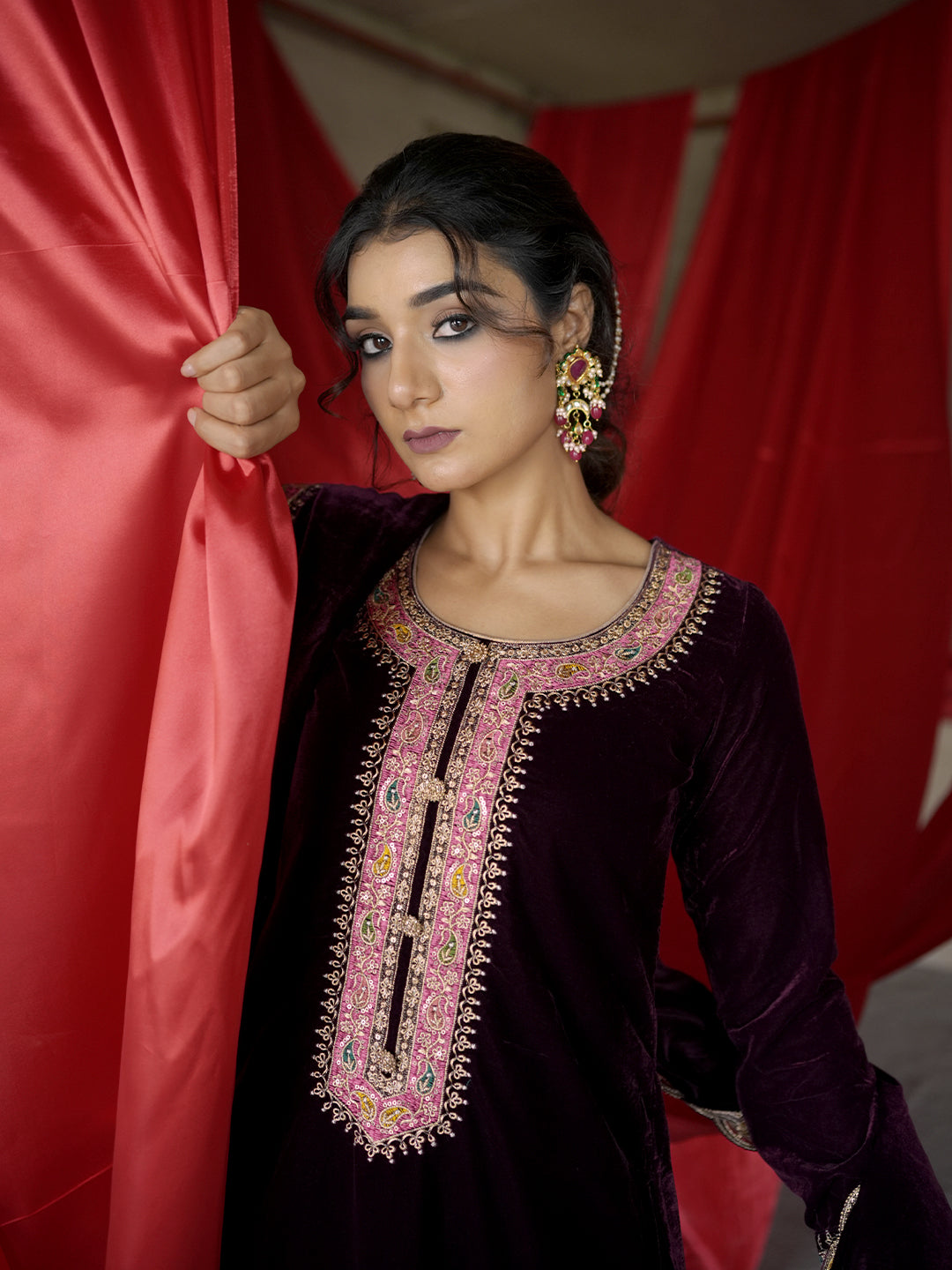  Burgundy Embroidered Velvet Straight Suit With Dupatta 