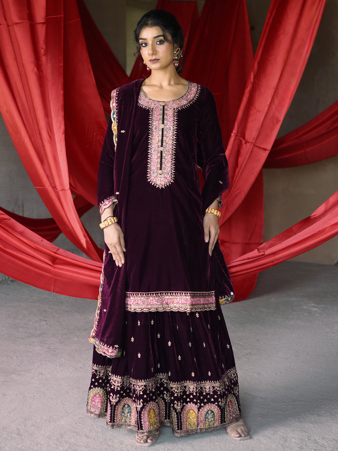 Burgundy Embroidered Velvet Straight Suit With Dupatta