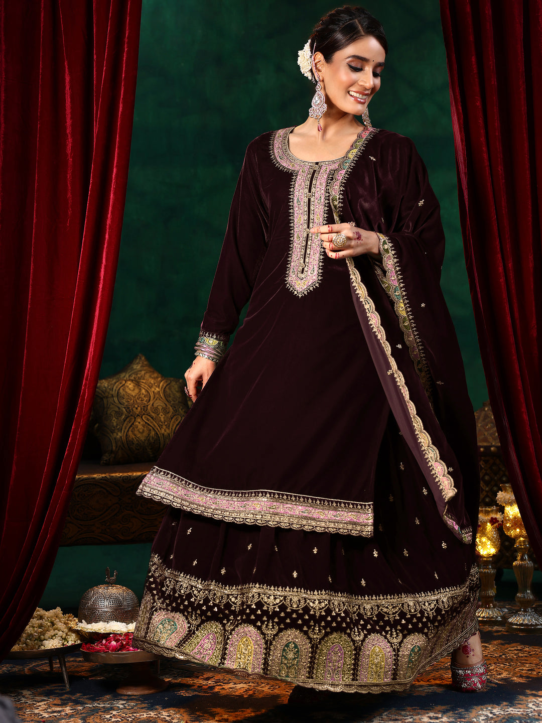  Burgundy Embroidered Velvet Straight Suit With Dupatta 