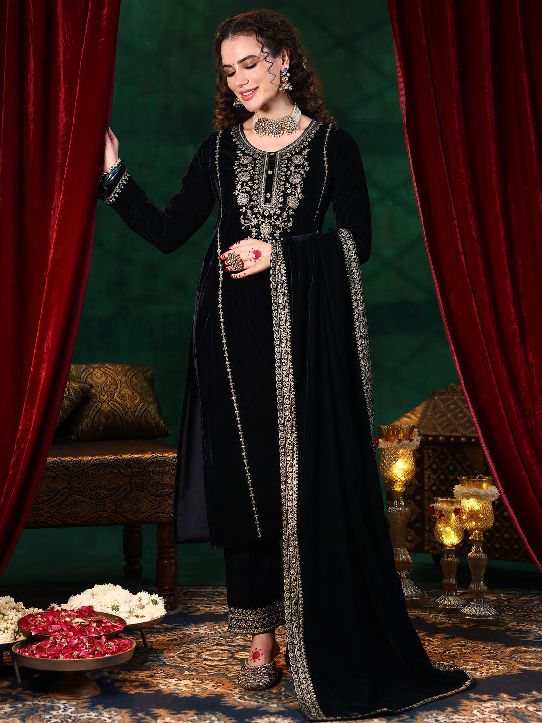  Blue Yoke Design Velvet Straight Suit With Dupatta 