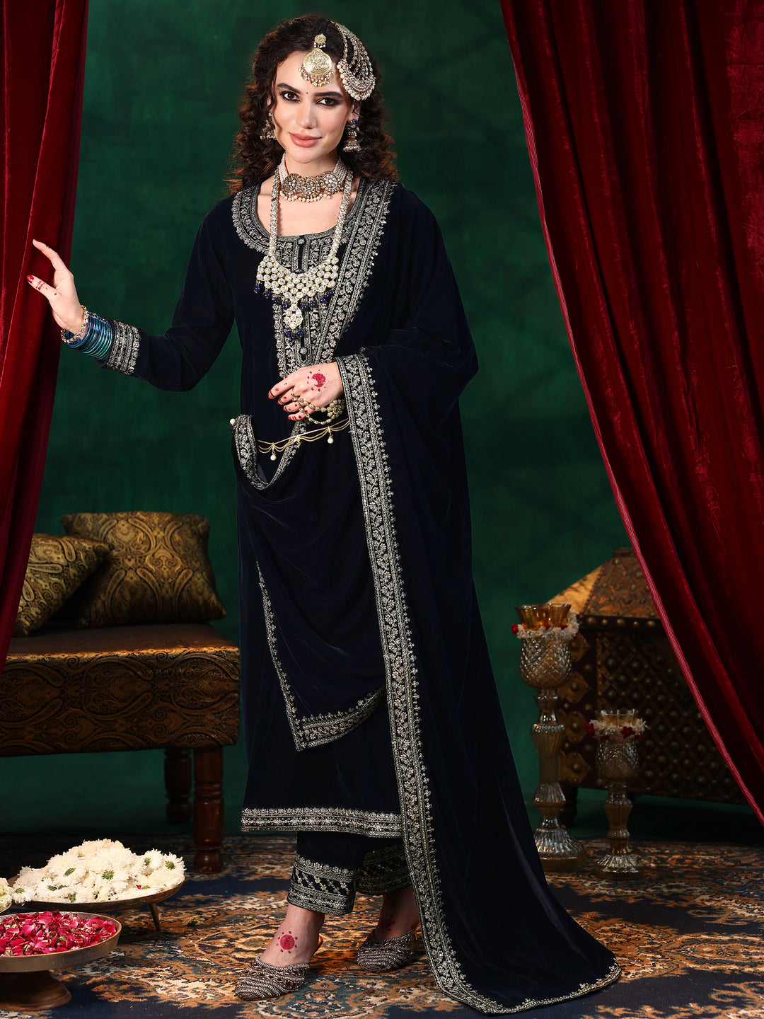 Blue Embroidered Velvet Straight Suit With Dupatta