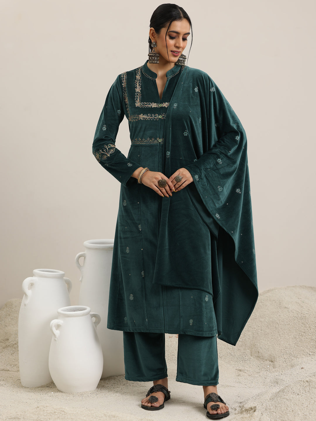  Green Embroidered Velvet A-Line Kurta With Trousers & Dupatta 