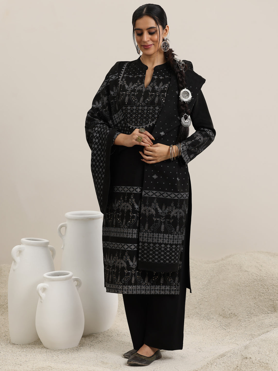  Black Printed Wool Blend Straight Suit With Dupatta 