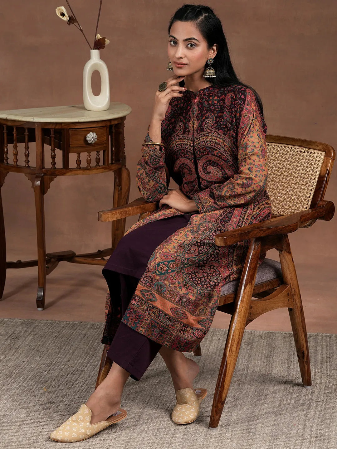 Wine Solid Wool Blend Straight Kurta With Palazzos