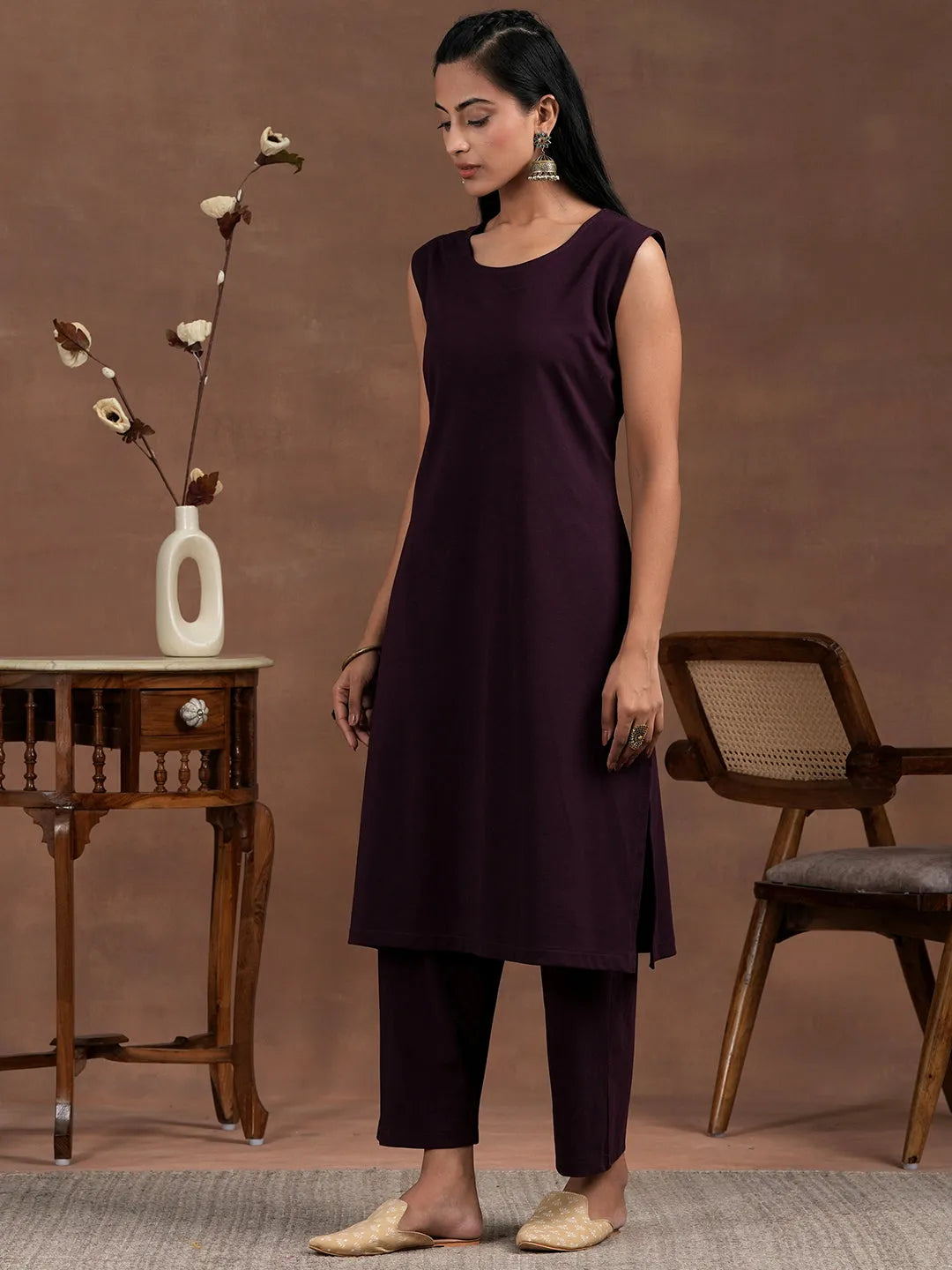  Wine Solid Wool Blend Straight Kurta With Palazzos 