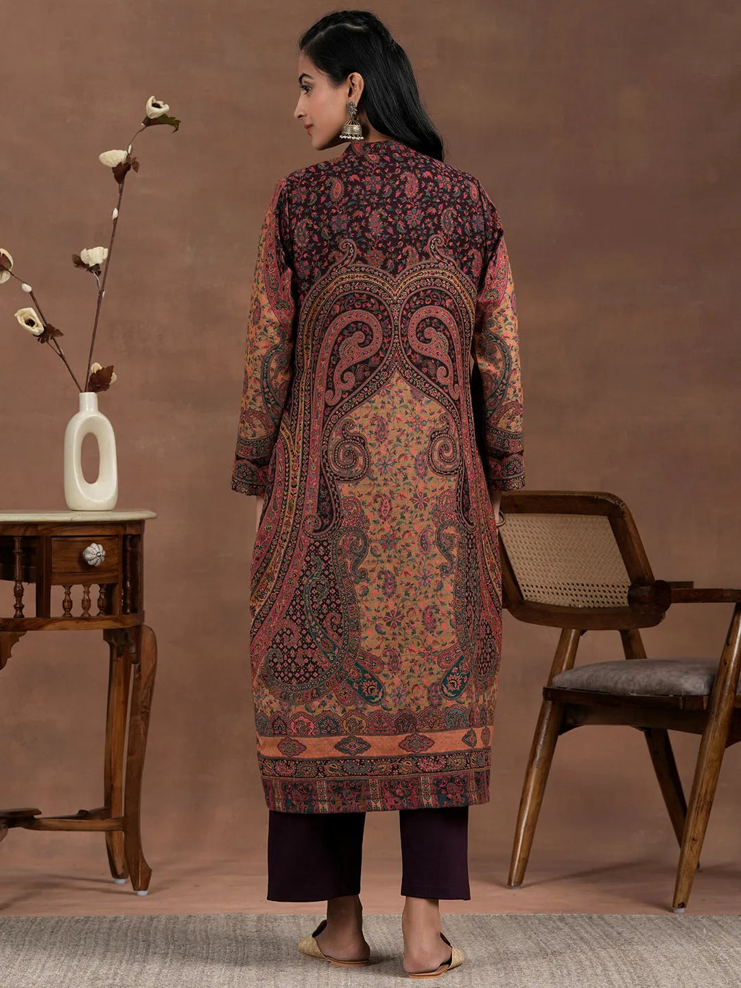  Wine Solid Wool Blend Straight Kurta With Palazzos 