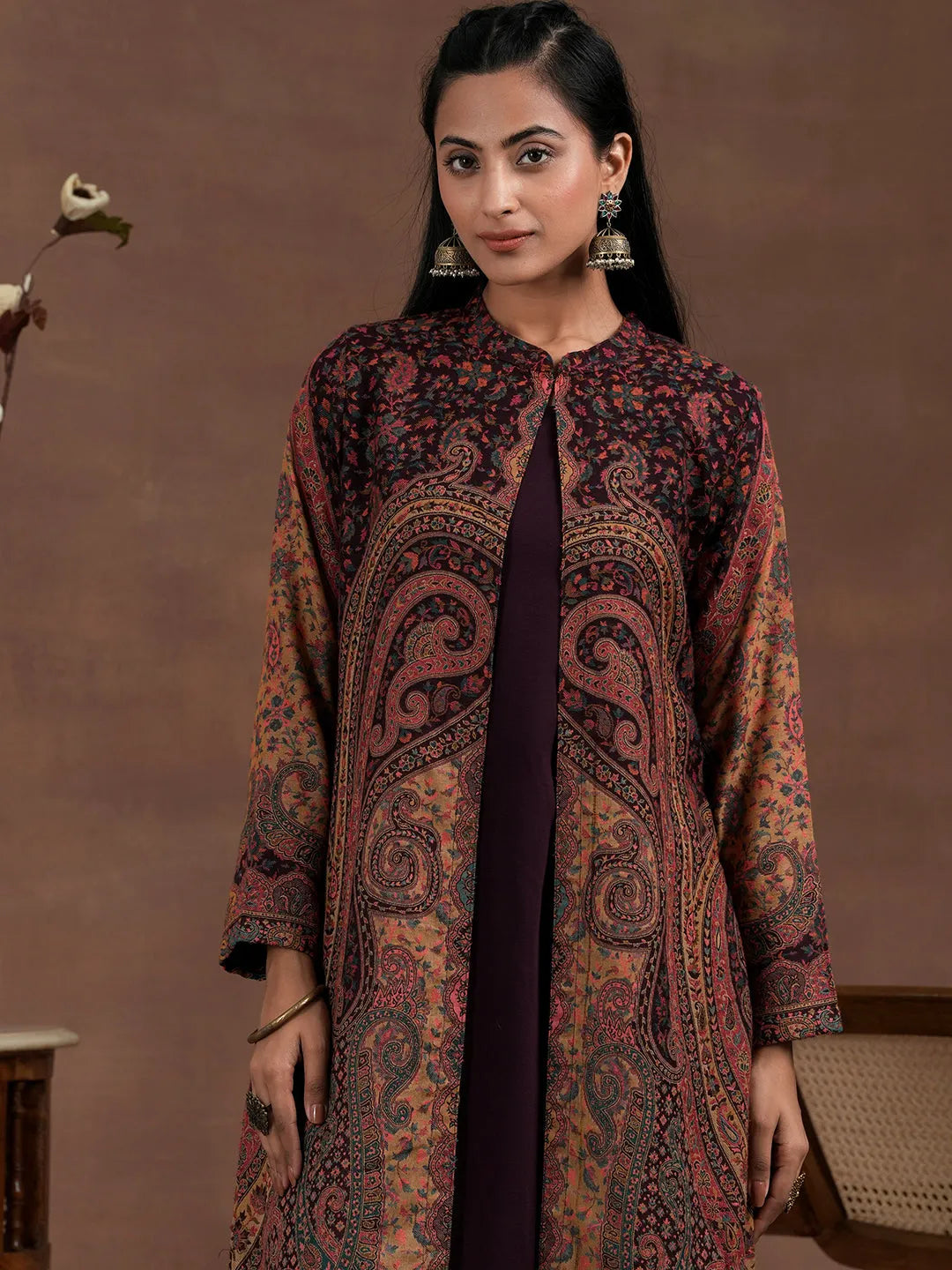  Wine Solid Wool Blend Straight Kurta With Palazzos 