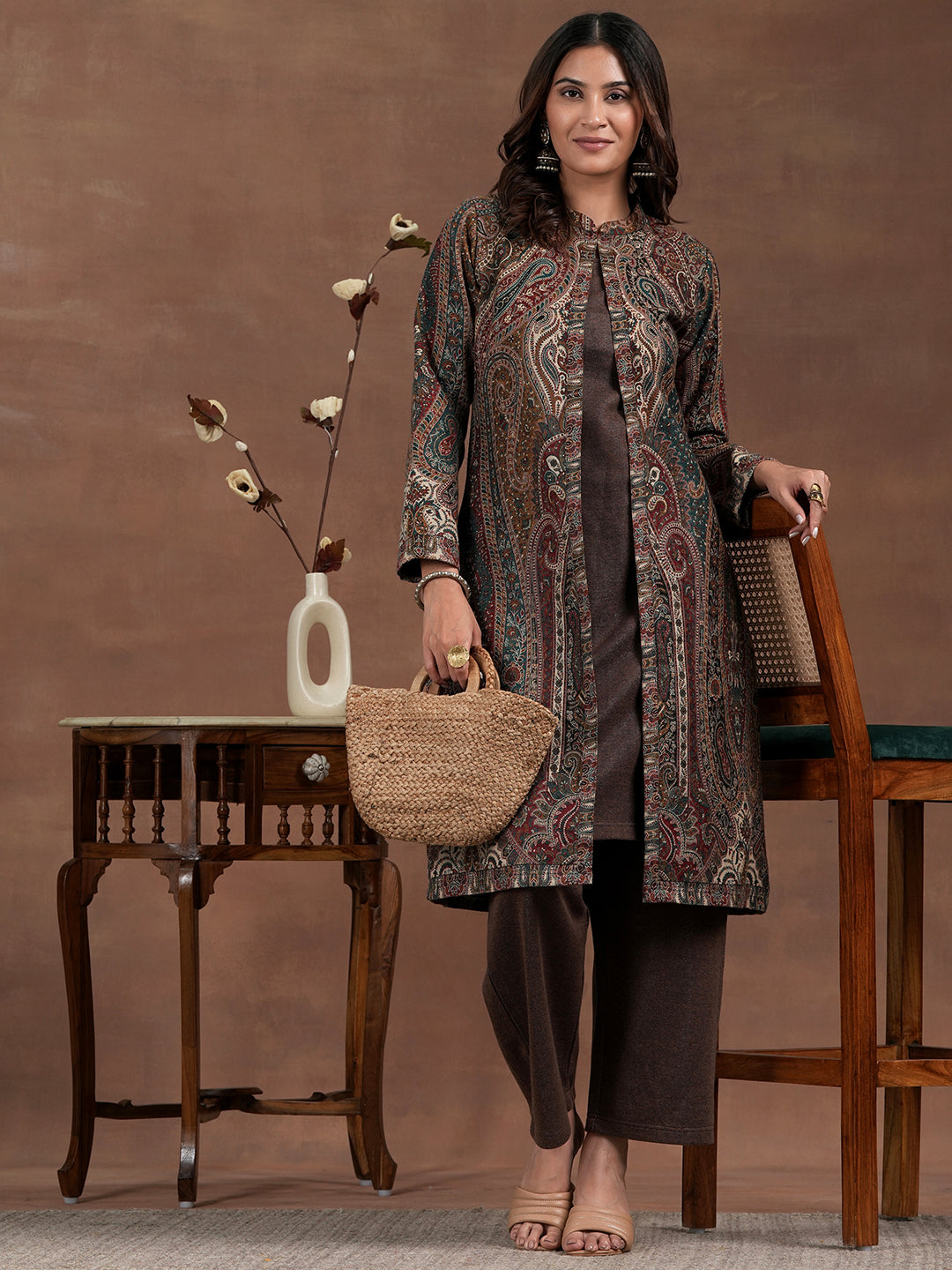  Brown Solid Wool Blend Straight Kurta Set 