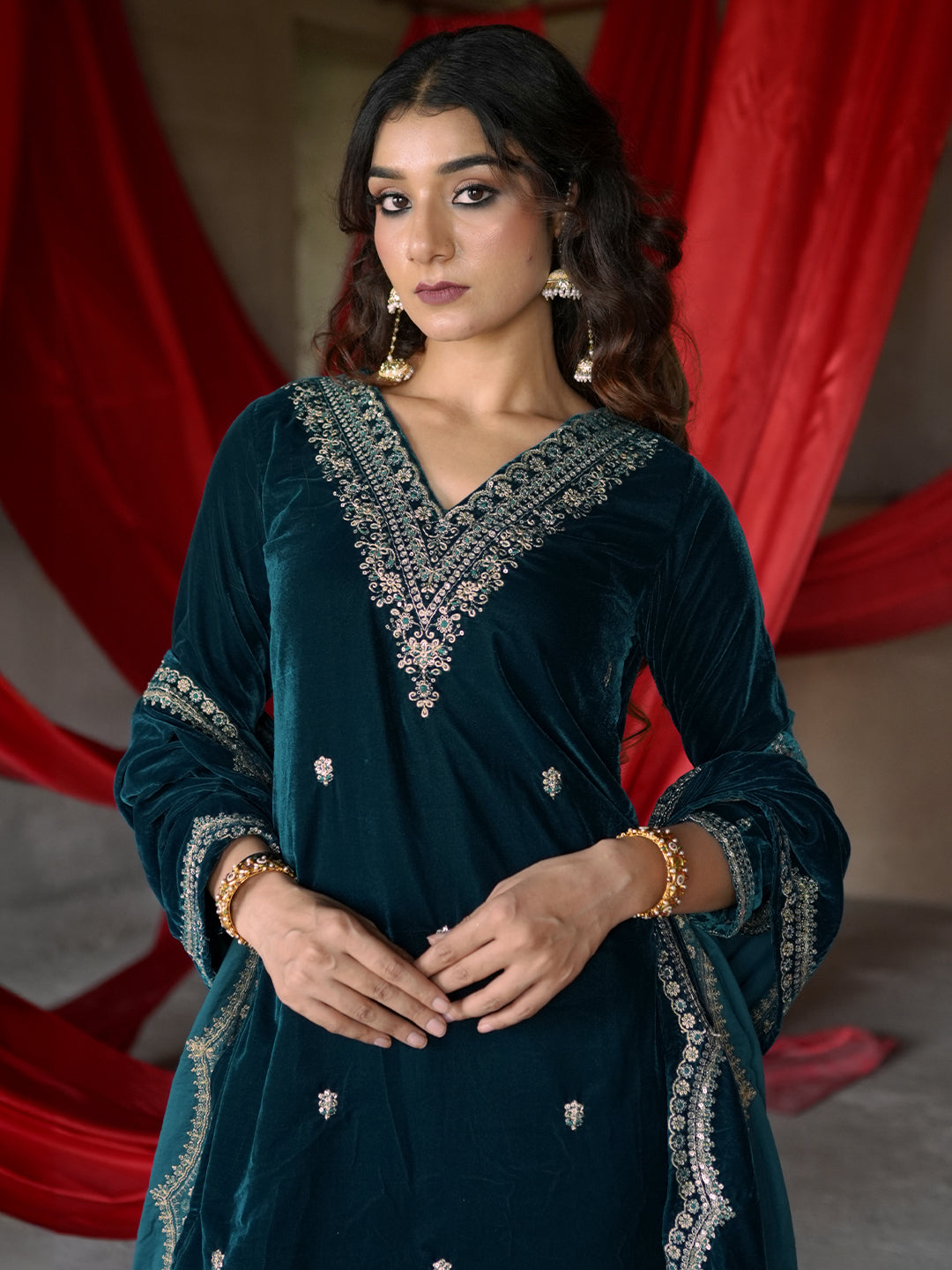  Teal Blue Embroidered Velvet Straight Suit With Dupatta 