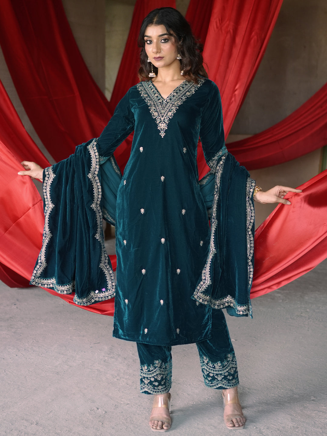  Teal Blue Embroidered Velvet Straight Suit With Dupatta 