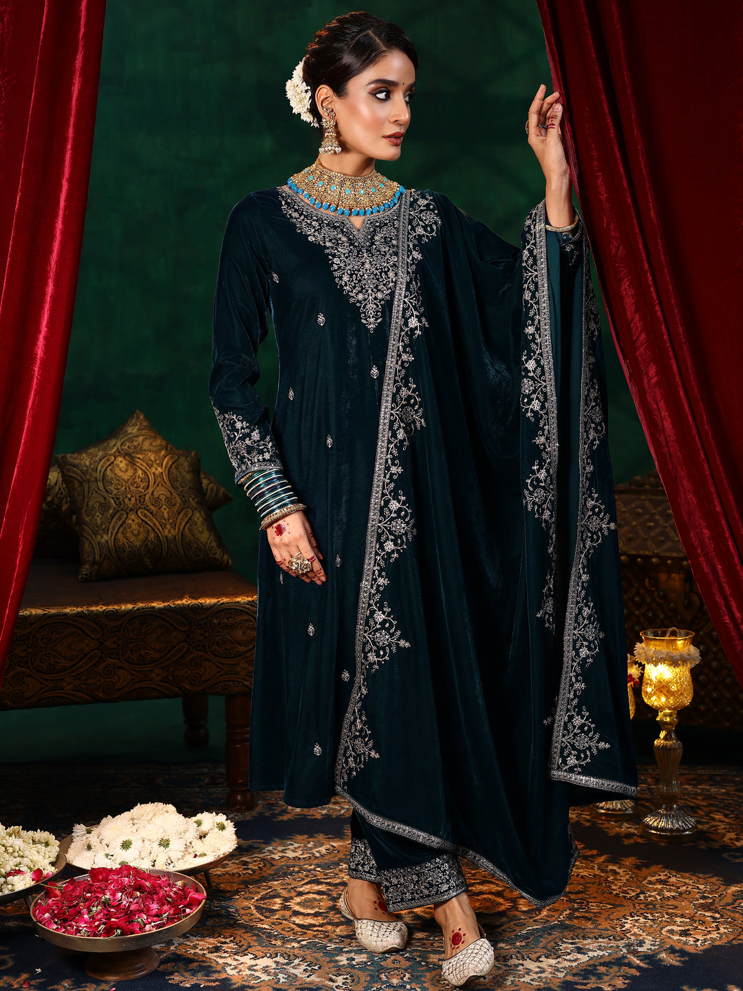  Teal Blue Embroidered Velvet A-Line Kurta With Palazzos & Dupatta 