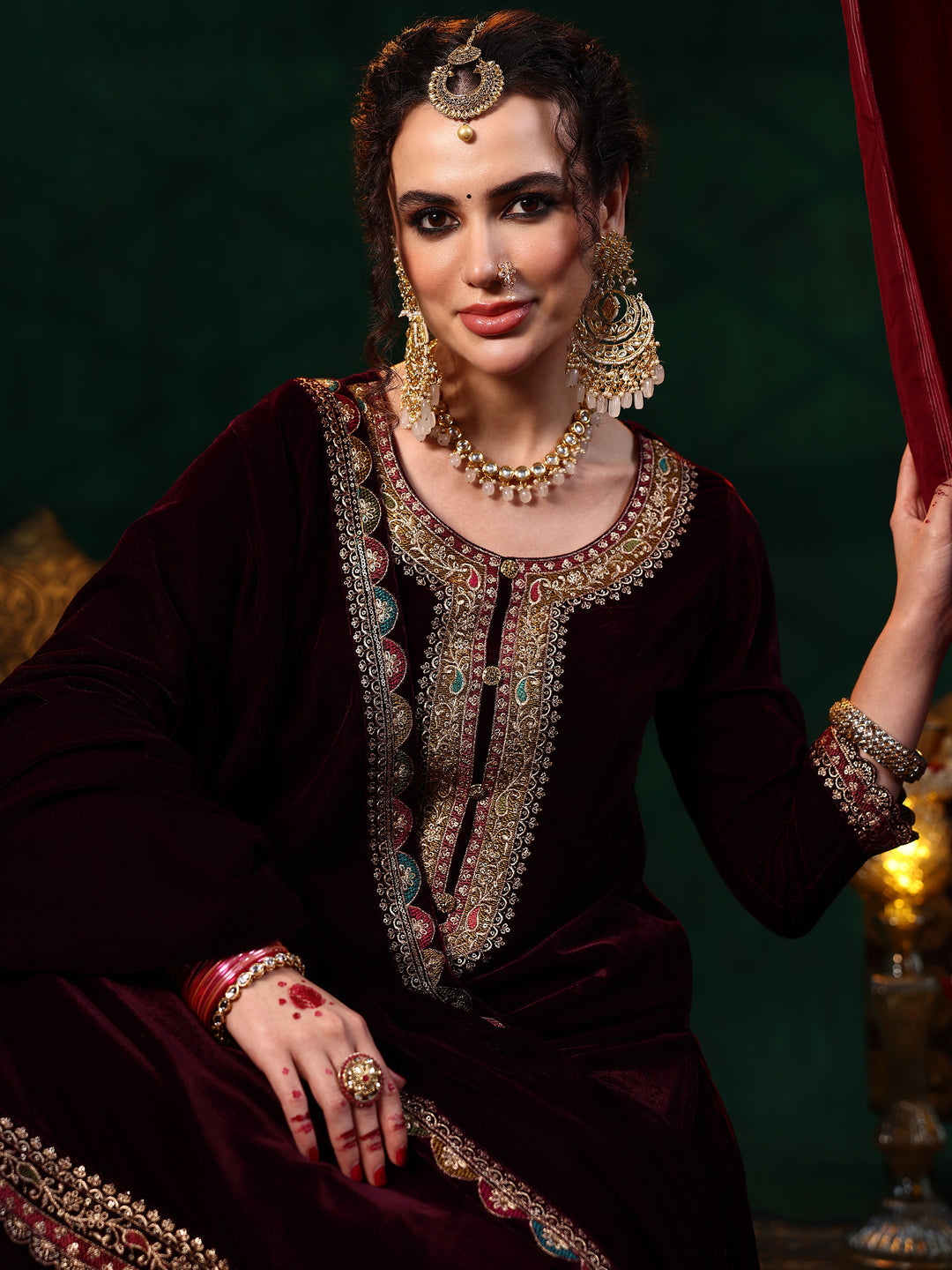  Burgundy Embroidered Velvet Straight Suit With Dupatta 