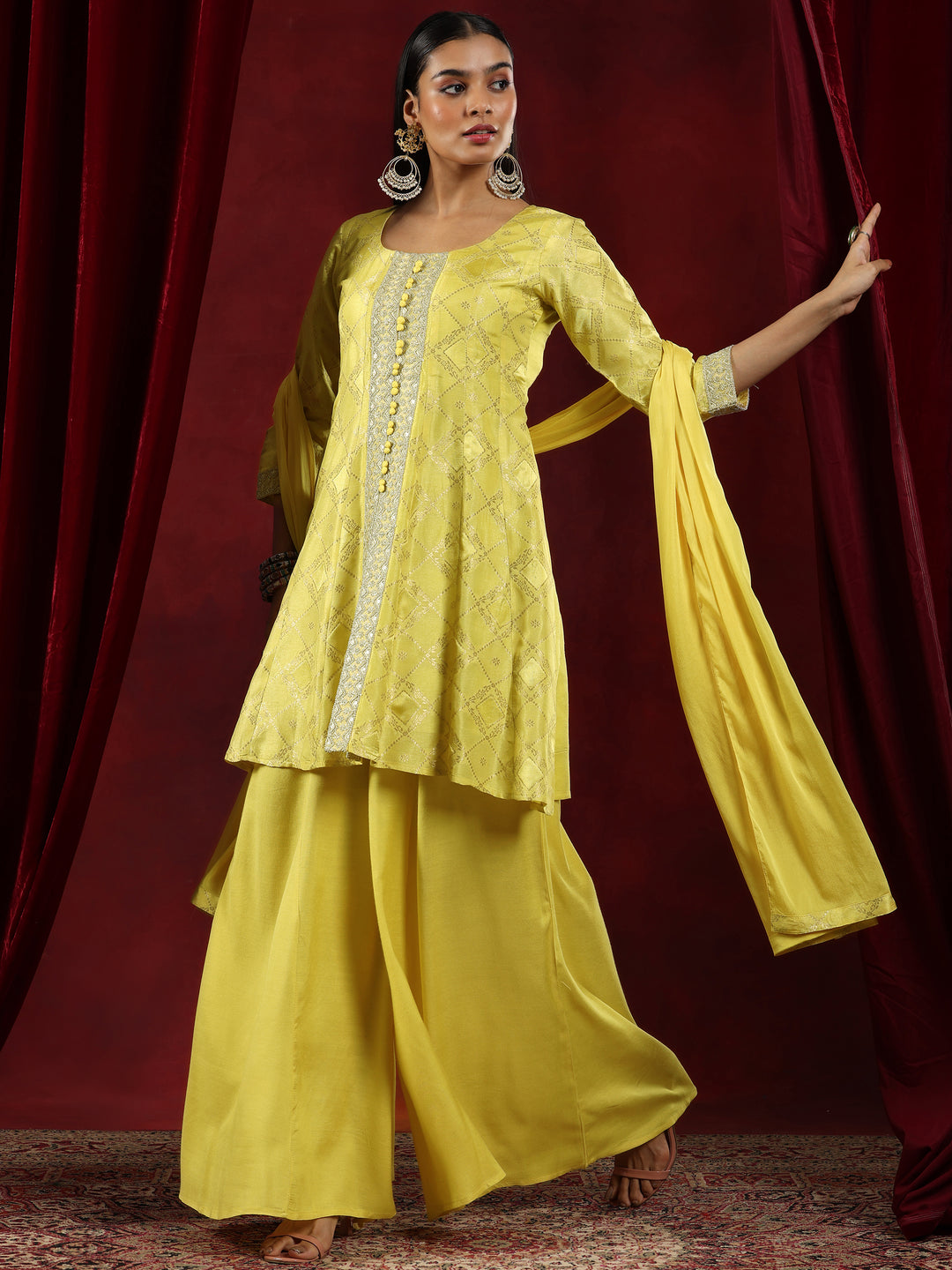  Libas Art Yellow Woven Design Silk Blend A-Line Kurta With Palazzos & Dupatta 